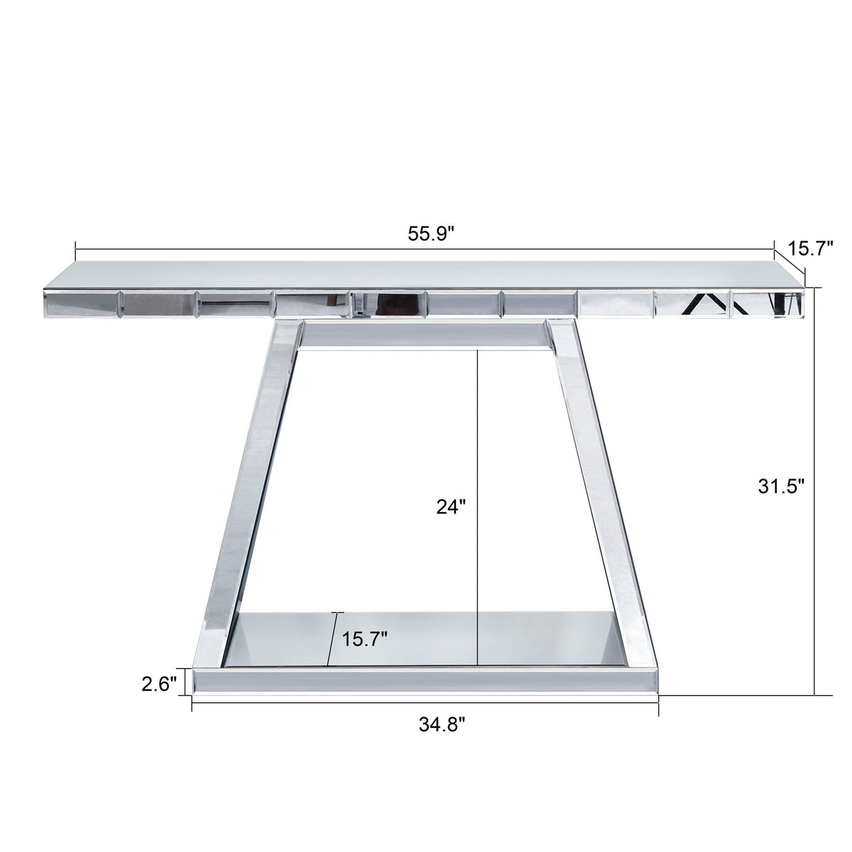 Modern Luxe Full Body Mirror Entryway Table With Trapezoid Base, 360° Reflective Console, Scratch Resistant, Open Storage - Silver, photo 2 of 7