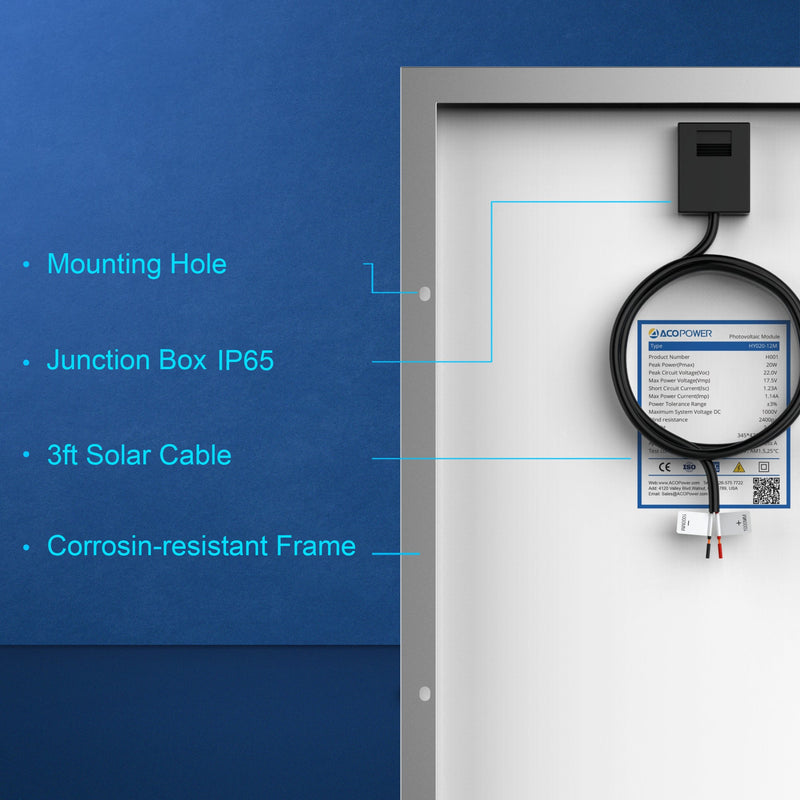ACOPower 20 Watt Mono Solar Panel for 12 V Battery Charging, Off Grid