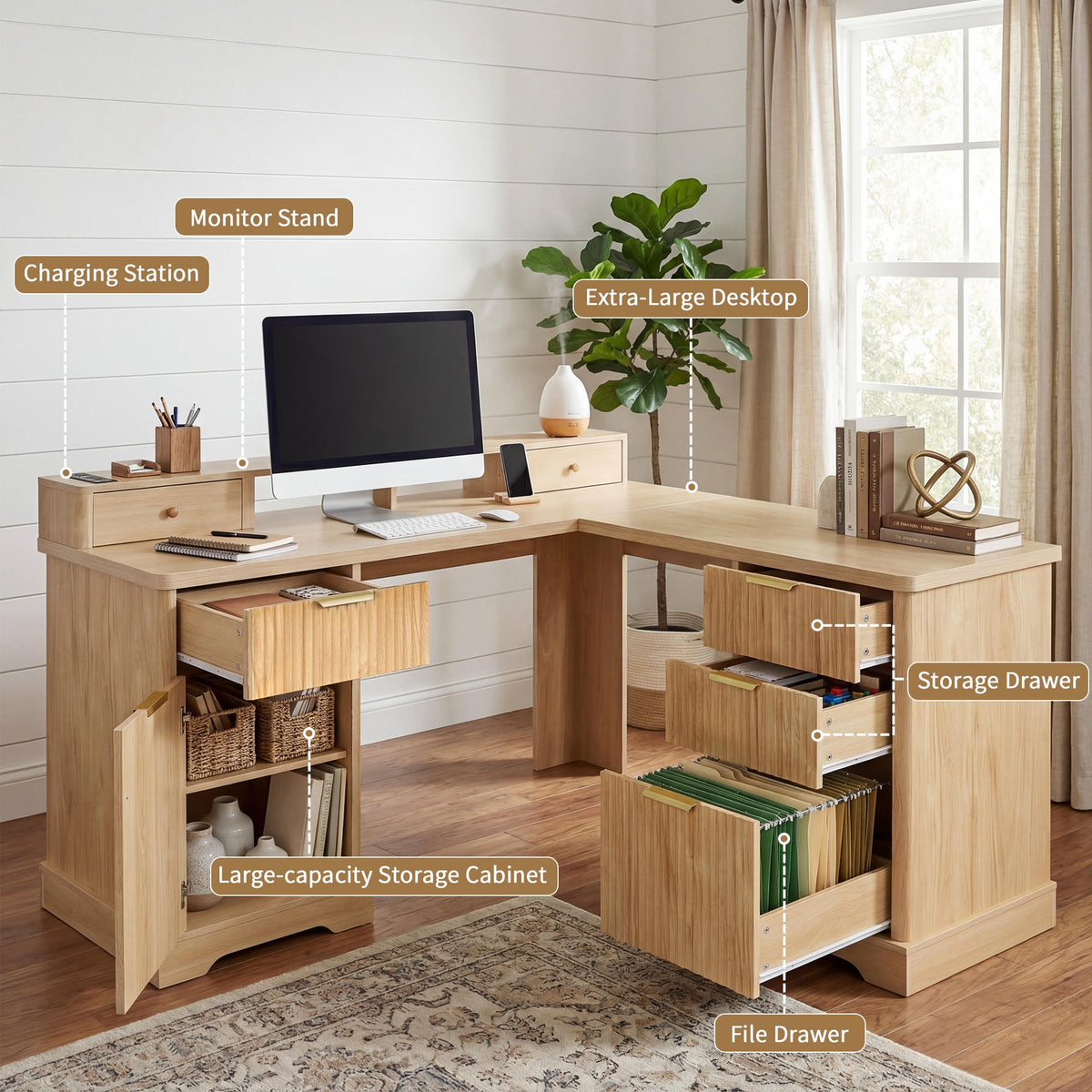 59" Modern Fluted L-Shaped Desk with Charging Station & Storage, photo 7 of 10