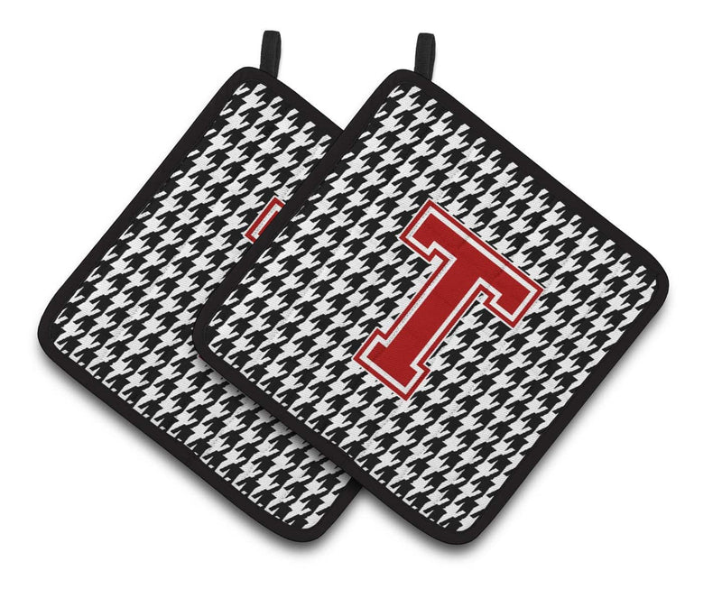 Letter T Monogram - Houndstooth Black Pair of Pot Holders CJ1021-TPTHD