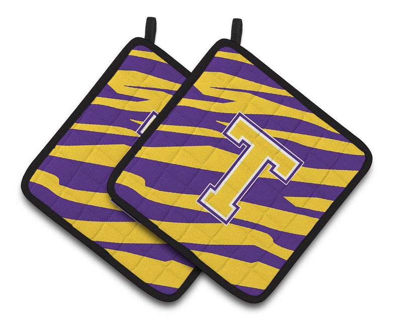 Letter T Monogram - Tiger Stripe - Purple Gold Pair of Pot Holders CJ1022-TPTHD