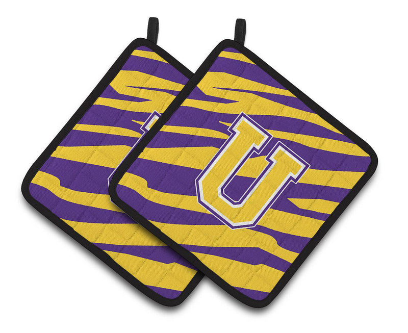 Letter U Monogram - Tiger Stripe - Purple Gold Pair of Pot Holders CJ1022-UPTHD