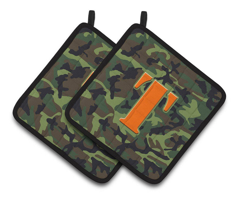 Letter T Monogram - Camo Green Pair of Pot Holders CJ1030-TPTHD