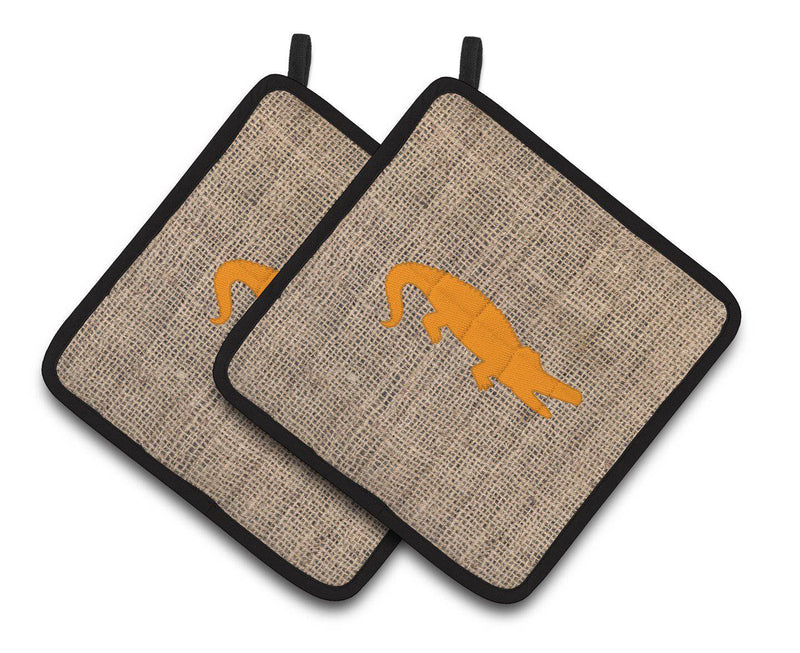 Alligator Faux Burlap and Orange   Pair of Pot Holders BB1120-BL-OR-PTHD