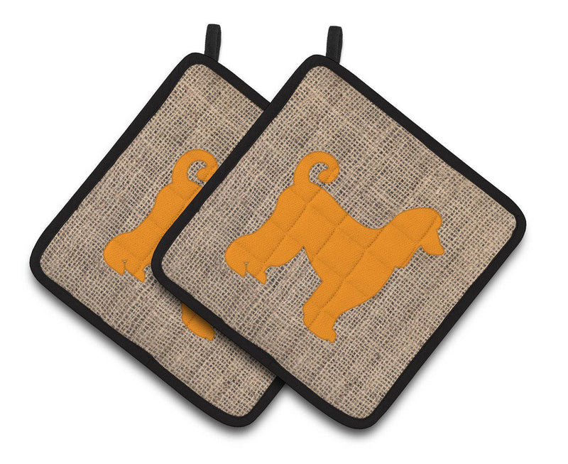 Afghan Hound Faux Burlap and Orange   Pair of Pot Holders BB1066-BL-OR-PTHD