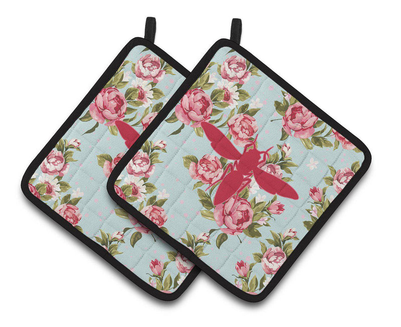 Yellow Jacket Shabby Chic Blue Roses   Pair of Pot Holders BB1053-RS-BU-PTHD