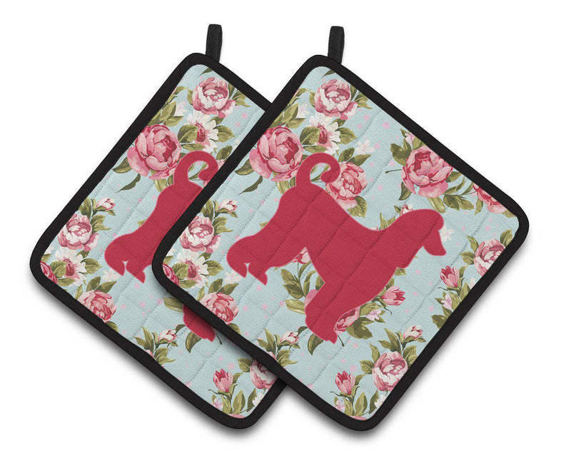 Afghan Hound Shabby Chic Blue Roses   Pair of Pot Holders BB1066-RS-BU-PTHD