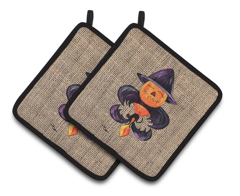 Halloween Pumpkin Bat Fleur de lis Pair of Pot Holders 8748PTHD