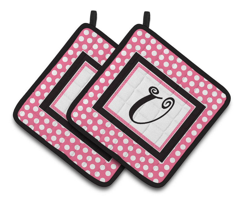 Letter U Monogram - Pink Black Polka Dots Pair of Pot Holders CJ1001-UPTHD