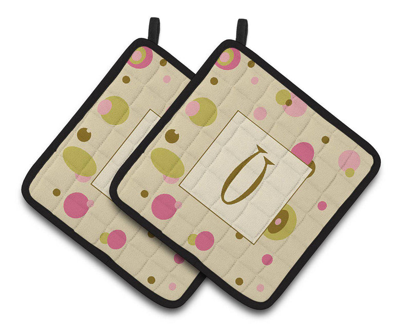 Letter U Initial Monogram - Tan Dots Pair of Pot Holders CJ1004-UPTHD