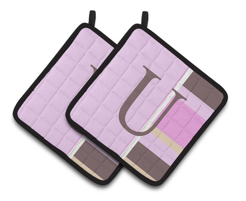 Letter U Initial Monogram - Pink Stripes Pair of Pot Holders CJ1005-UPTHD