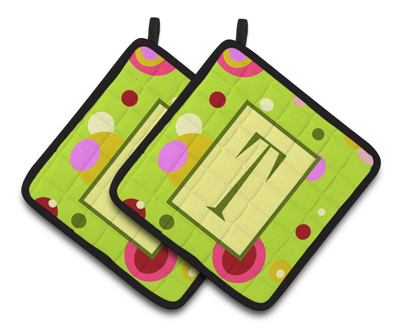 Letter T Monogram - Lime Green Pair of Pot Holders CJ1010-TPTHD