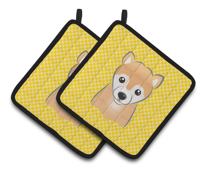 Yellow Checkered Shiba Inu Pair of Pot Holders BB1133PTHD