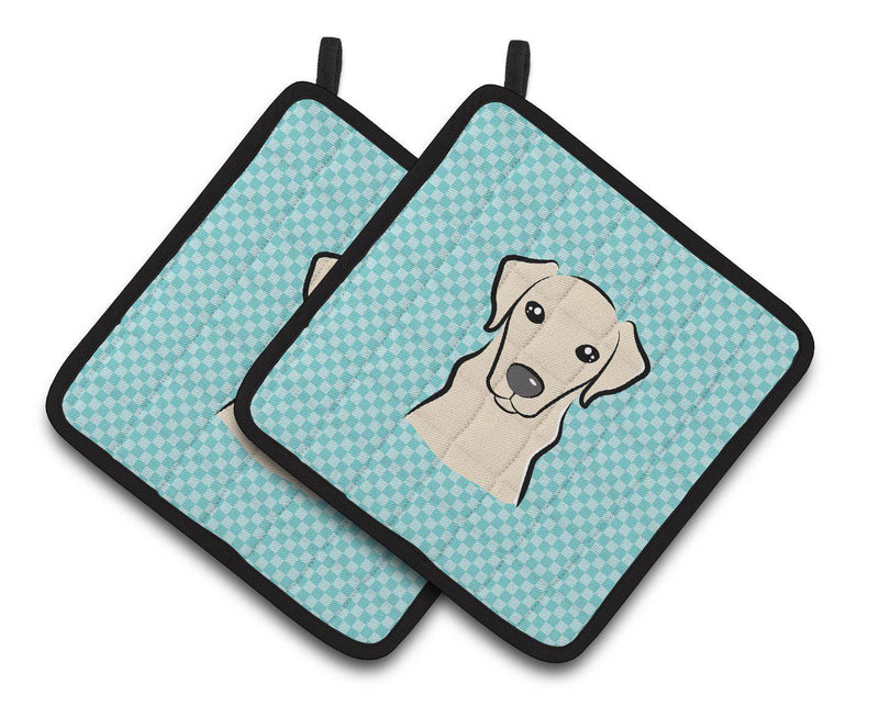 Checkerboard Blue Yellow Labrador Pair of Pot Holders BB1160PTHD