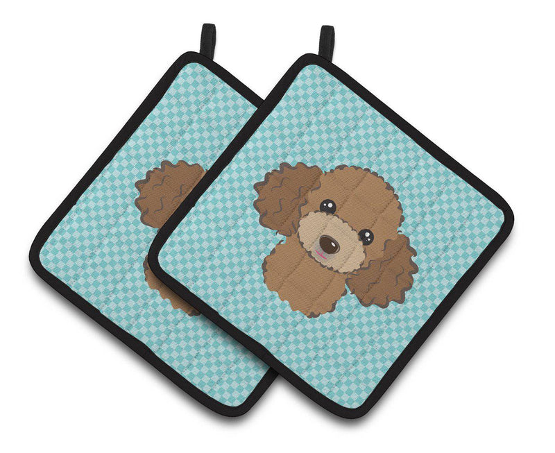 Checkerboard Blue Chocolate Brown Poodle Pair of Pot Holders BB1194PTHD