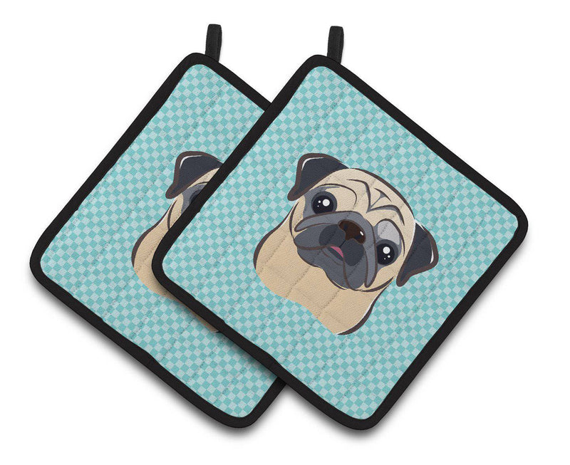 Checkerboard Blue Fawn Pug Pair of Pot Holders BB1200PTHD