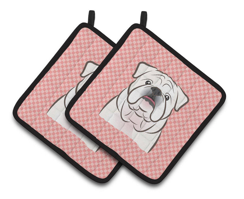 Checkerboard Pink White English Bulldog  Pair of Pot Holders BB1220PTHD