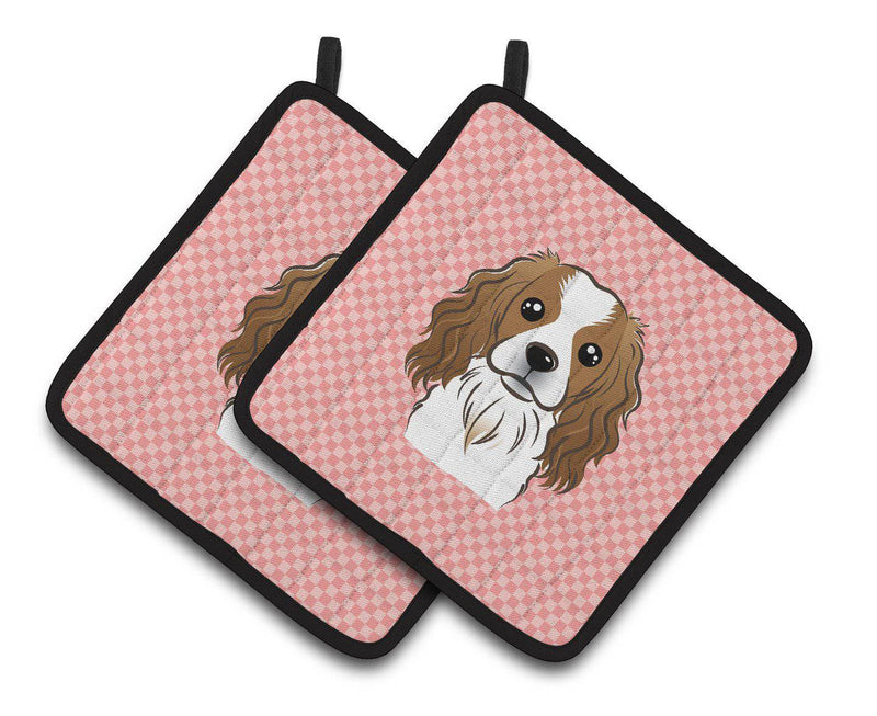 Checkerboard Pink Cavalier Spaniel Pair of Pot Holders BB1224PTHD