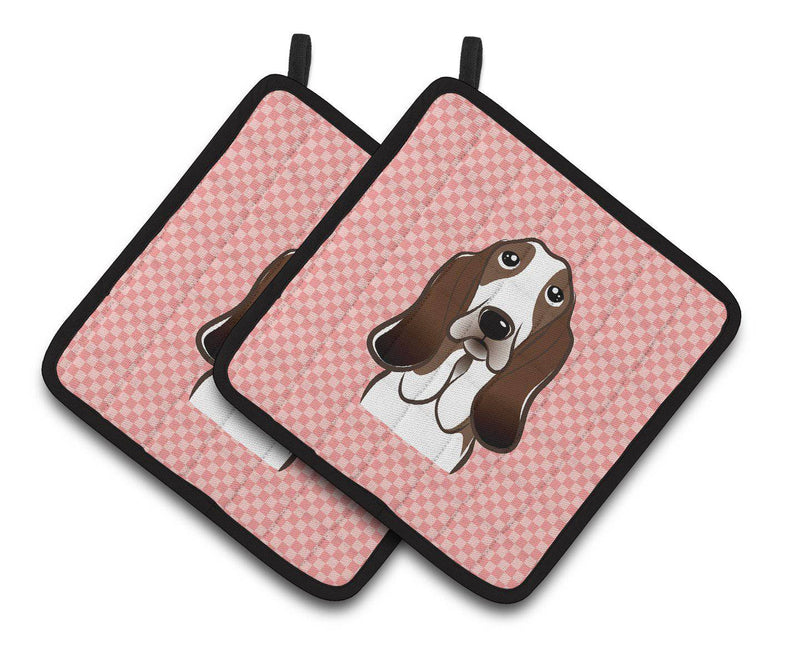 Checkerboard Pink Basset Hound Pair of Pot Holders BB1243PTHD