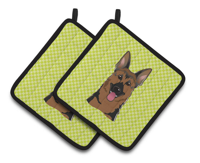 Checkerboard Lime Green German Shepherd Pair of Pot Holders BB1273PTHD