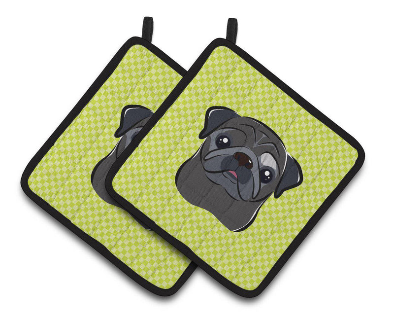 Checkerboard Lime Green Black Pug Pair of Pot Holders BB1325PTHD