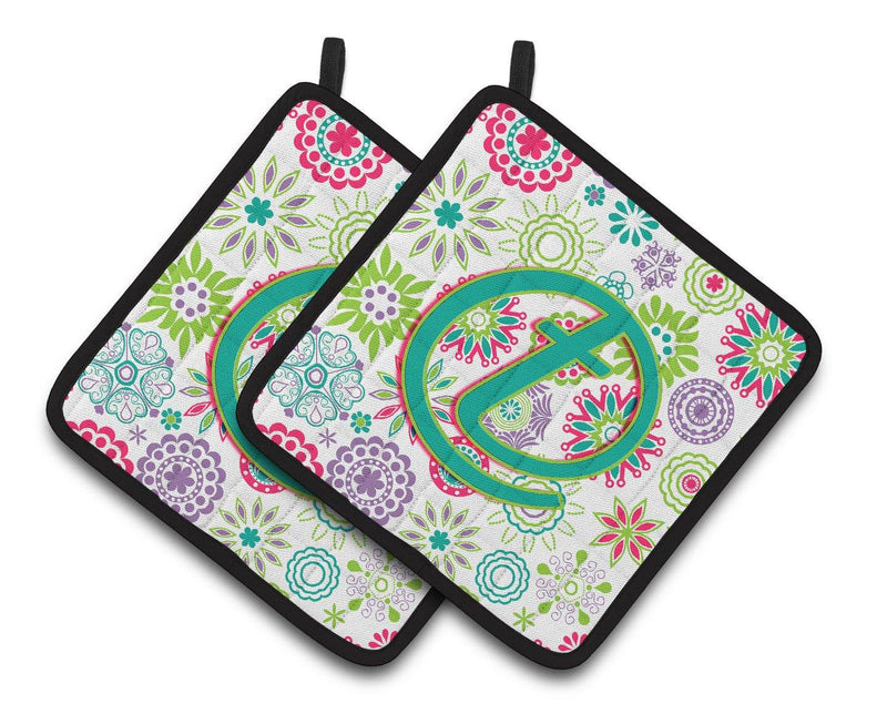 Letter T Flowers Pink Teal Green Initial Pair of Pot Holders CJ2011-TPTHD