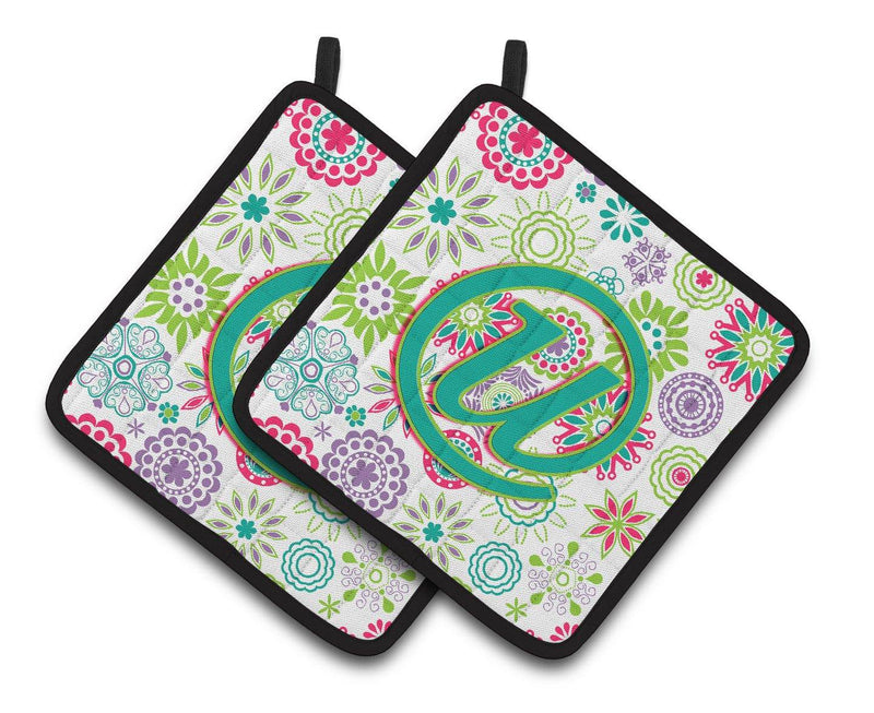 Letter U Flowers Pink Teal Green Initial Pair of Pot Holders CJ2011-UPTHD