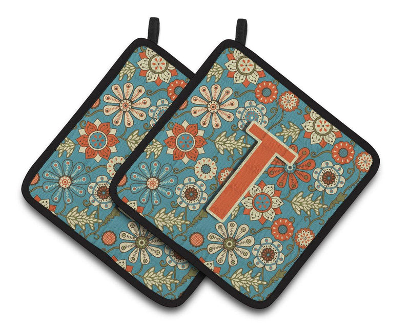 Letter T Flowers Retro Blue Pair of Pot Holders CJ2012-TPTHD