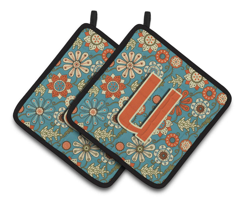 Letter U Flowers Retro Blue Pair of Pot Holders CJ2012-UPTHD