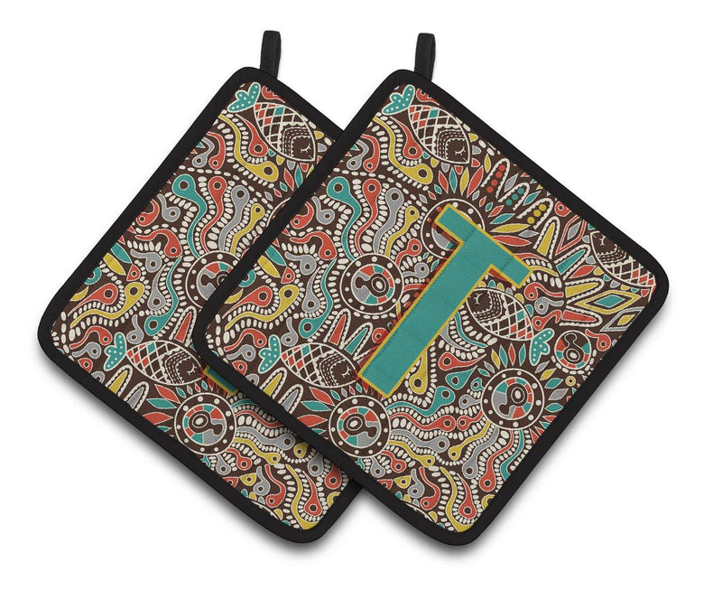 Letter T Retro Tribal Alphabet Initial Pair of Pot Holders CJ2013-TPTHD