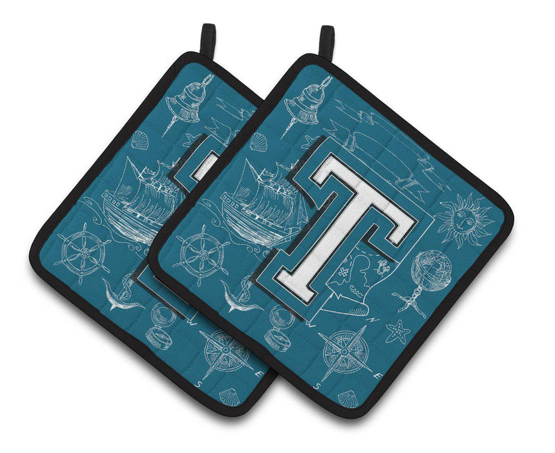 Letter T Sea Doodles Initial Alphabet Pair of Pot Holders CJ2014-TPTHD