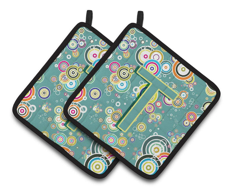 Letter T Circle Circle Teal Initial Alphabet Pair of Pot Holders CJ2015-TPTHD