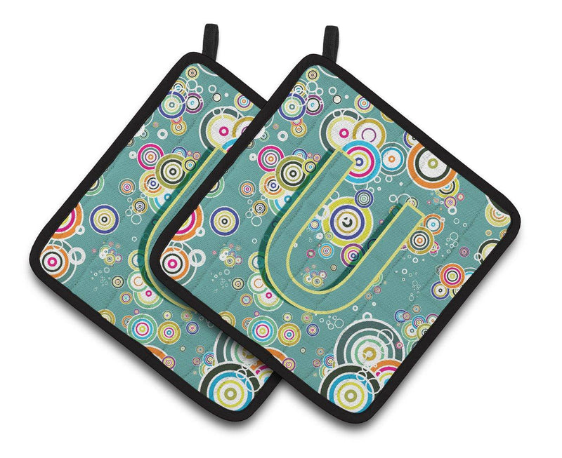 Letter U Circle Circle Teal Initial Alphabet Pair of Pot Holders CJ2015-UPTHD