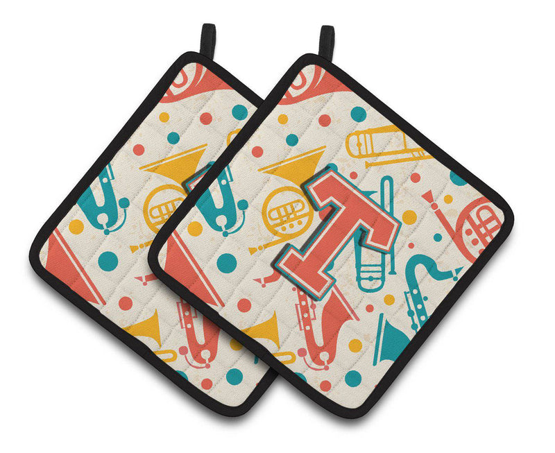 Letter T Retro Teal Orange Musical Instruments Initial Pair of Pot Holders CJ2001-TPTHD