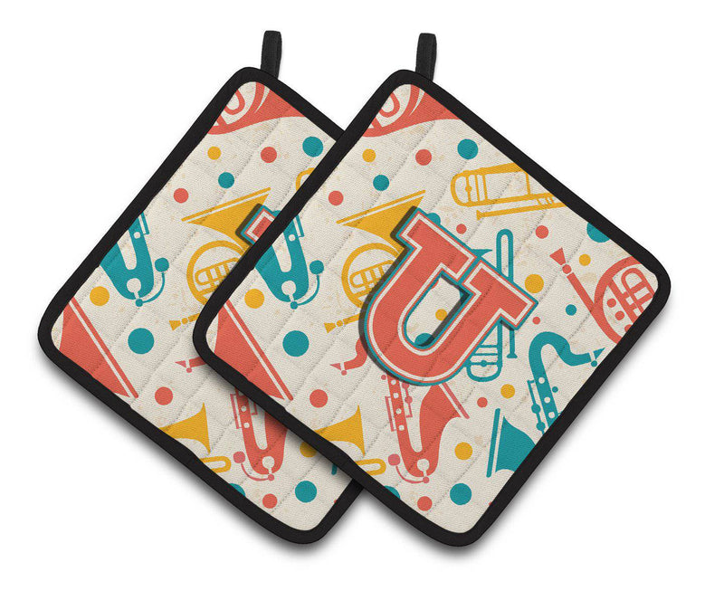 Letter U Retro Teal Orange Musical Instruments Initial Pair of Pot Holders CJ2001-UPTHD