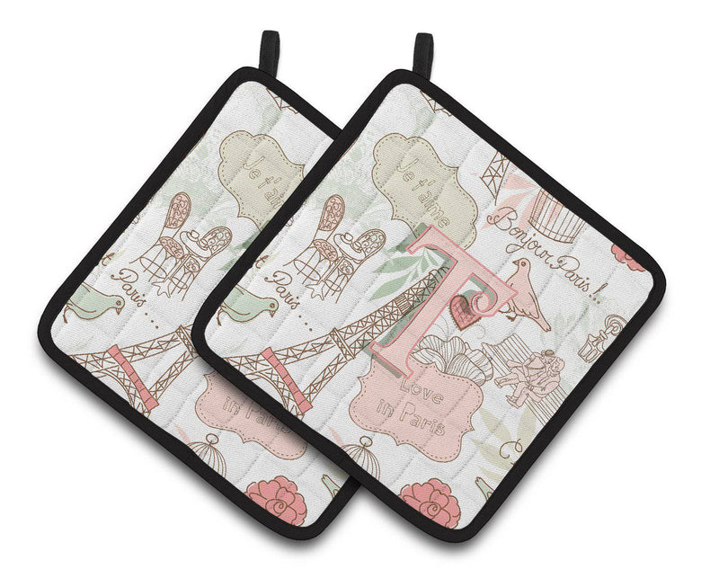 Letter T Love in Paris Pink Pair of Pot Holders CJ2002-TPTHD