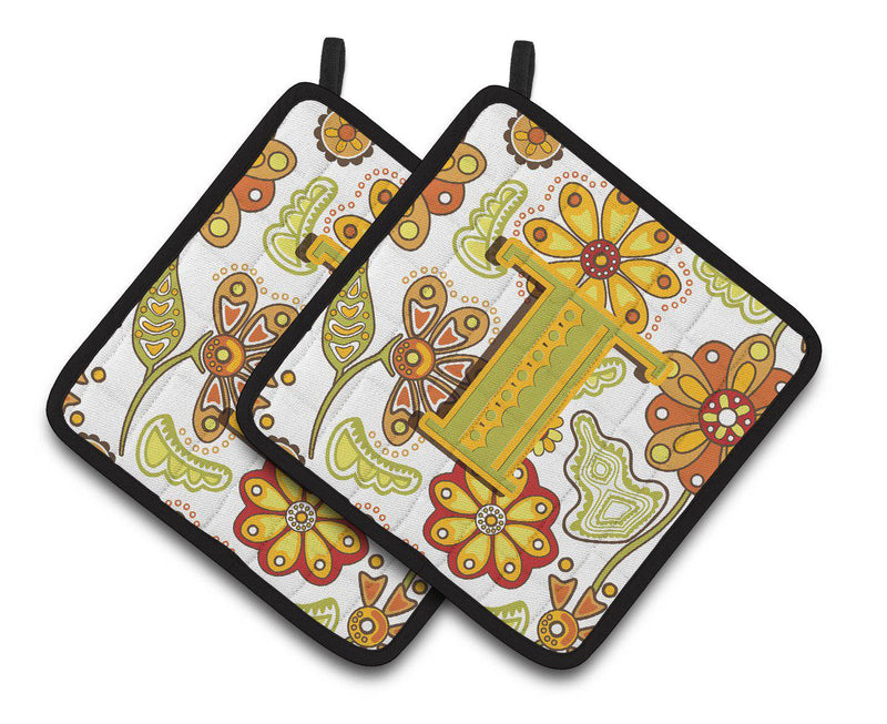 Letter T Floral Mustard and Green Pair of Pot Holders CJ2003-TPTHD