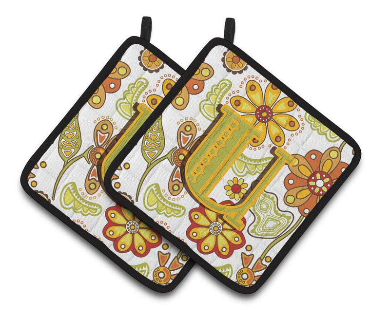 Letter U Floral Mustard and Green Pair of Pot Holders CJ2003-UPTHD