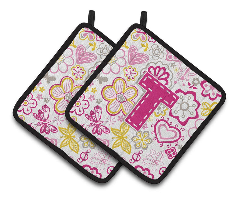 Letter T Flowers and Butterflies Pink Pair of Pot Holders CJ2005-TPTHD