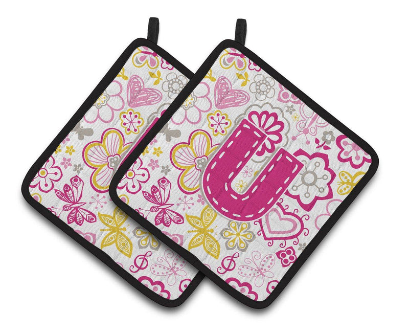 Letter U Flowers and Butterflies Pink Pair of Pot Holders CJ2005-UPTHD