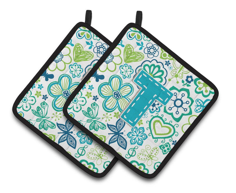 Letter T Flowers and Butterflies Teal Blue Pair of Pot Holders CJ2006-TPTHD