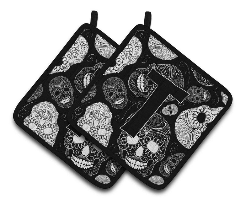 Letter T Day of the Dead Skulls Black Pair of Pot Holders CJ2008-TPTHD