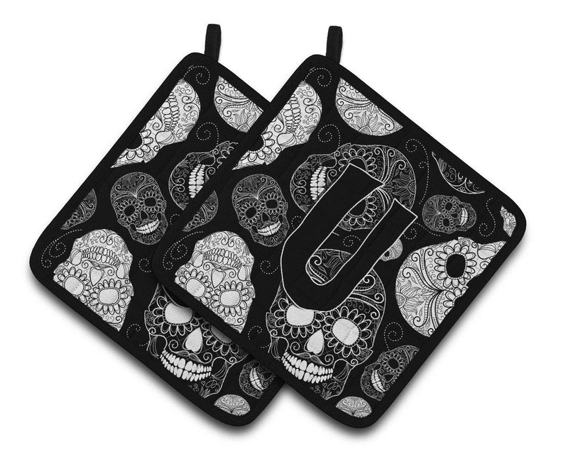 Letter U Day of the Dead Skulls Black Pair of Pot Holders CJ2008-UPTHD