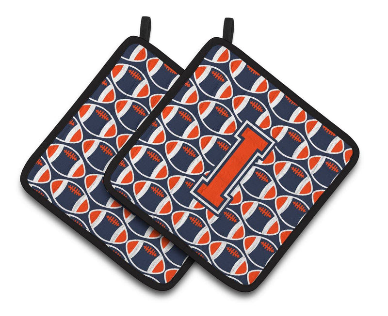 "Letter I Football Orange, Blue and white Pair of Pot Holders CJ1066-IPTHD"