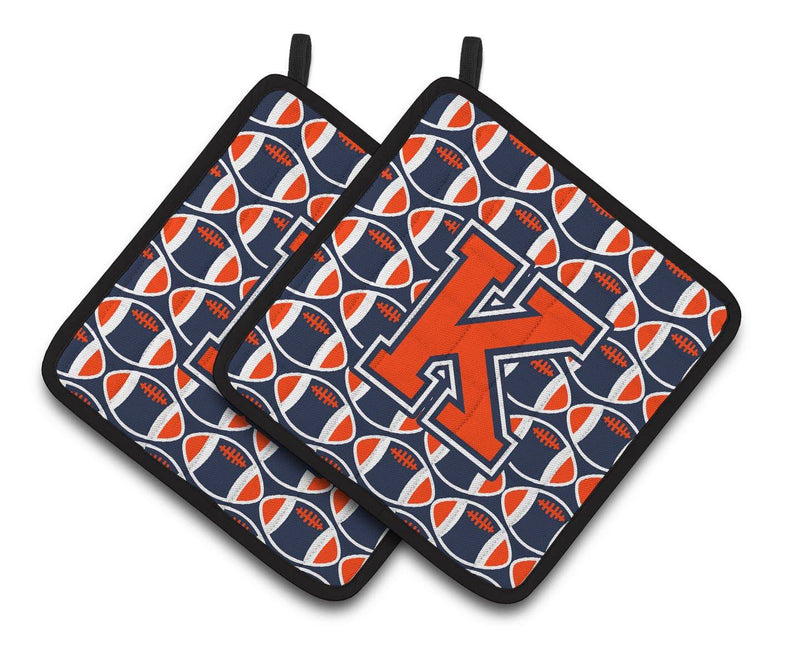 "Letter K Football Orange, Blue and white Pair of Pot Holders CJ1066-KPTHD"