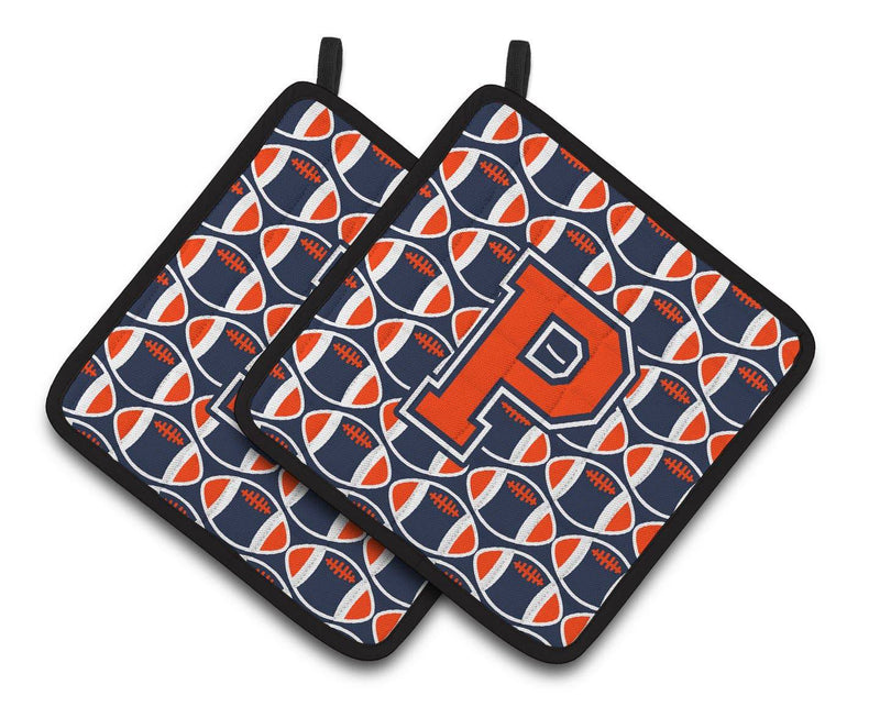 "Letter P Football Orange, Blue and white Pair of Pot Holders CJ1066-PPTHD"