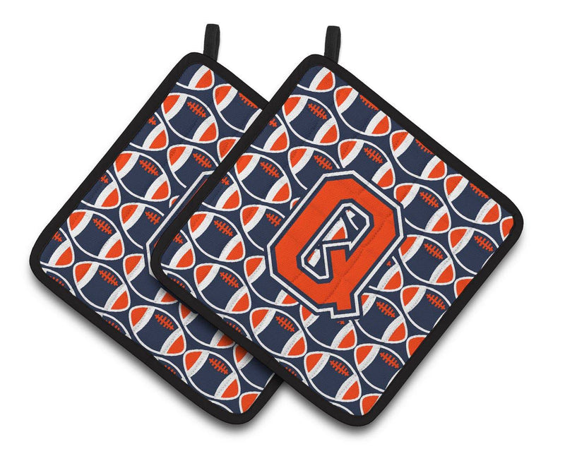 "Letter Q Football Orange, Blue and white Pair of Pot Holders CJ1066-QPTHD"