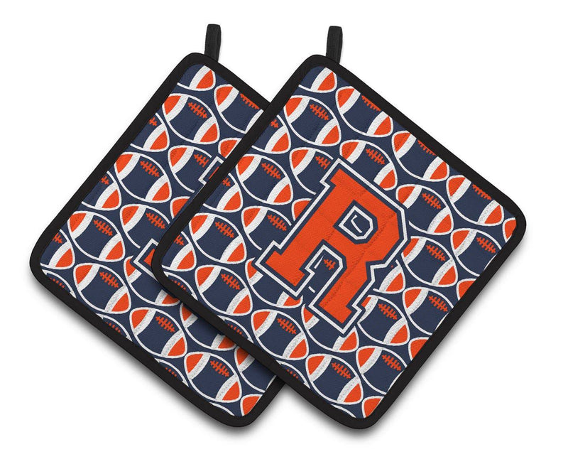 "Letter R Football Orange, Blue and white Pair of Pot Holders CJ1066-RPTHD"