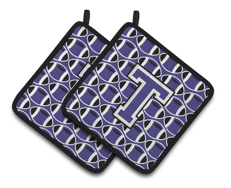 Letter T Football Purple and White Pair of Pot Holders CJ1068-TPTHD