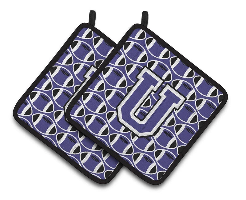 Letter U Football Purple and White Pair of Pot Holders CJ1068-UPTHD